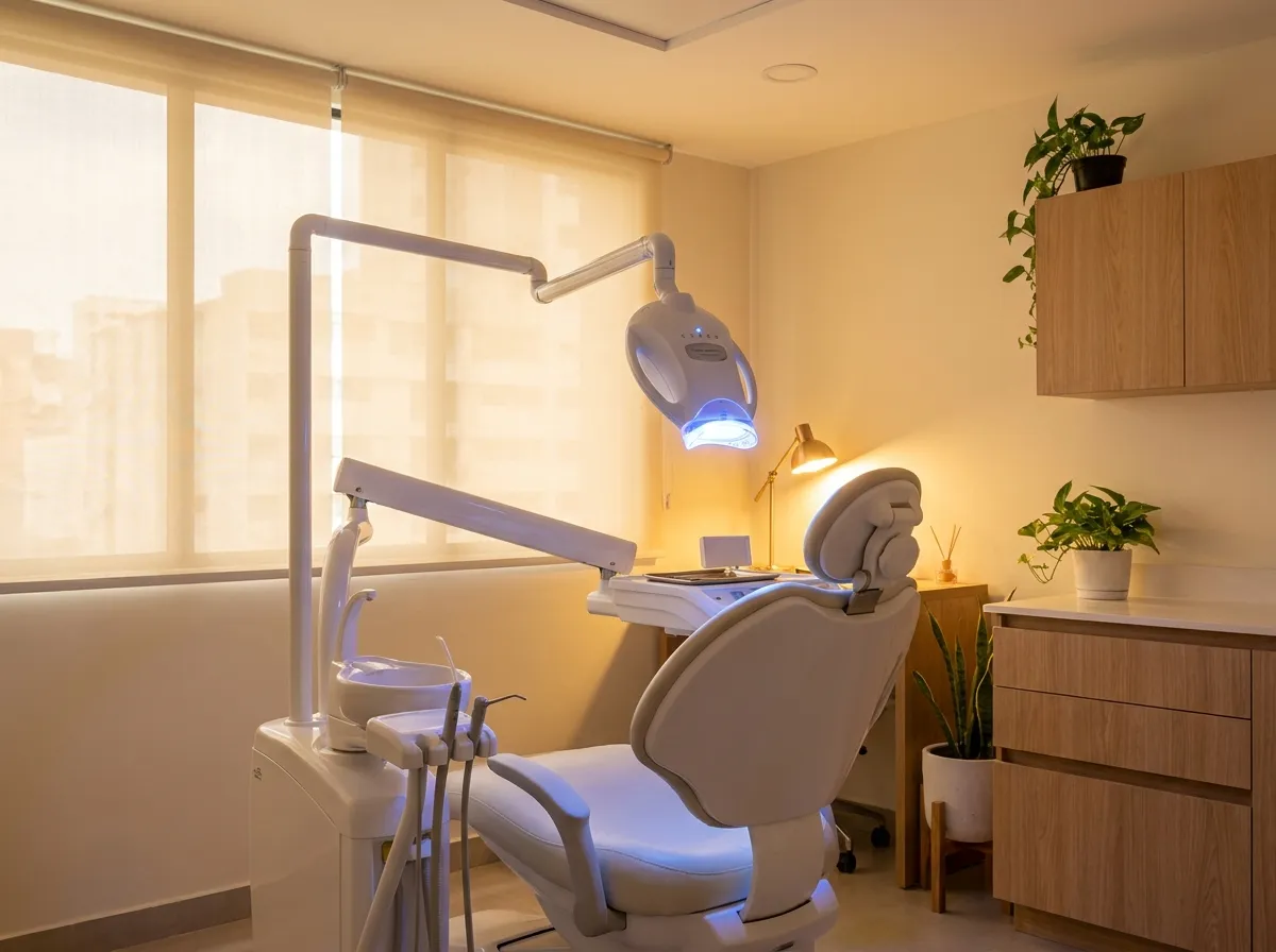 Lámpara LED de blanqueamiento dental junto al sillón odontológico
