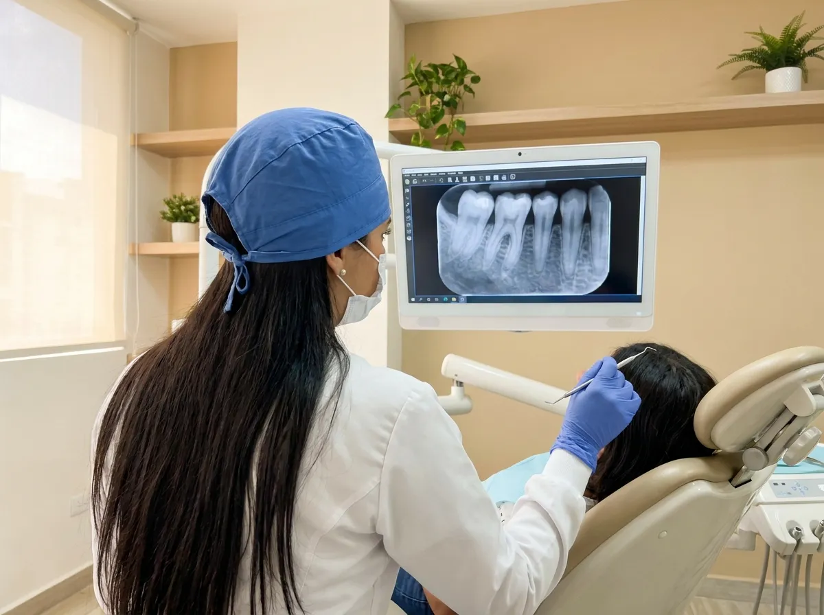 Odontóloga revisando una radiografía dental en el monitor durante una urgencia