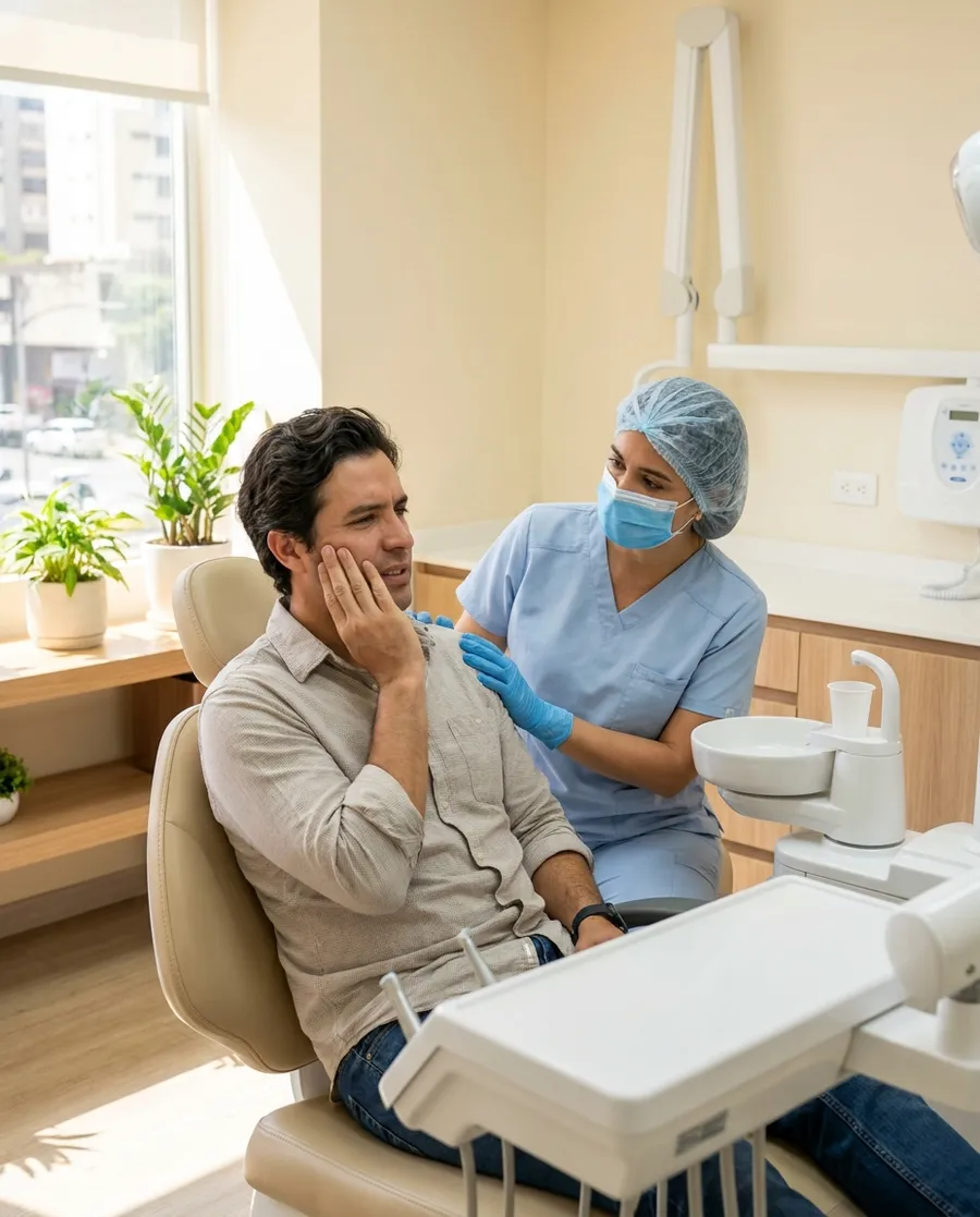 Paciente con dolor de muela atendido por una odontóloga en una urgencia dental en Caracas